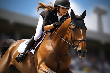 an equestrian on her horse jumping a fence at a show jumping championship 