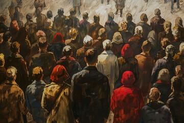 Artistic depiction of a faceless crowd in earthy colors, evoking a sense of unity