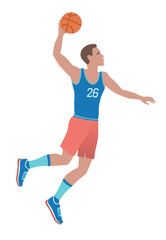 Basketball Player makes a three point Jump Shot. Player leaps into air.