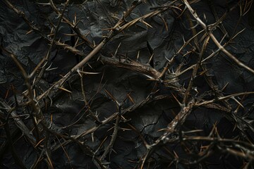 Intricate closeup of thorny branches over textured bark, exhibiting a natural dark aesthetic