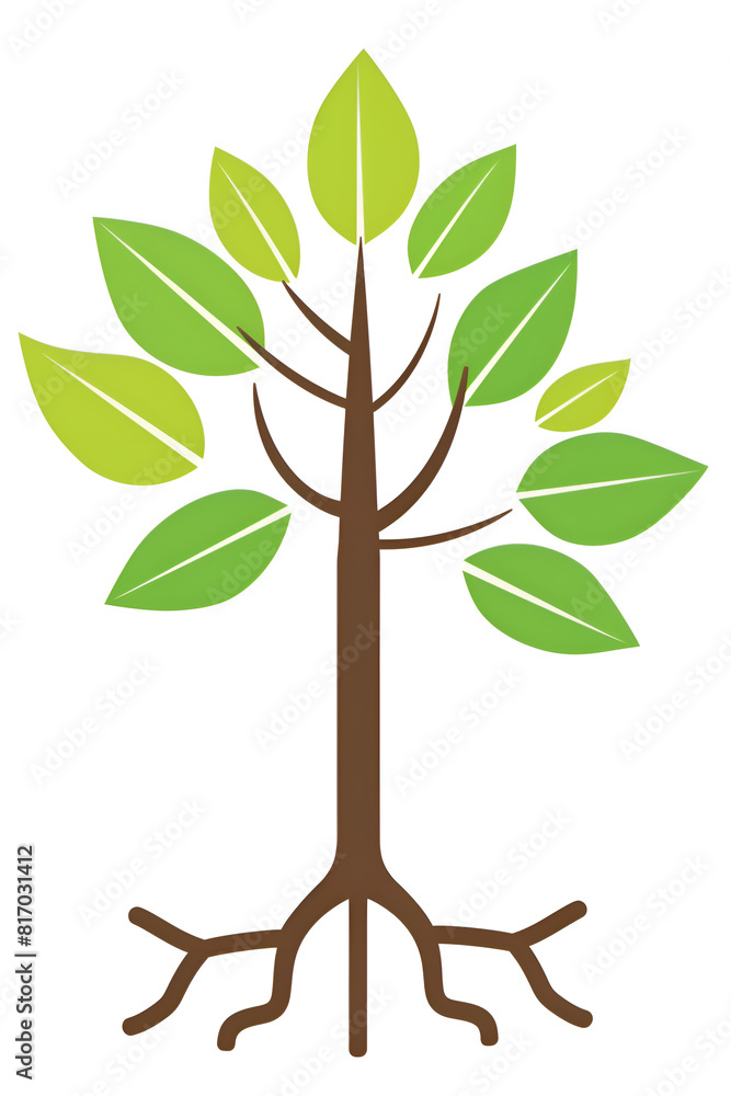 Poster a tree with green leaves and brown trunk. the tree has a large root system. generative ai