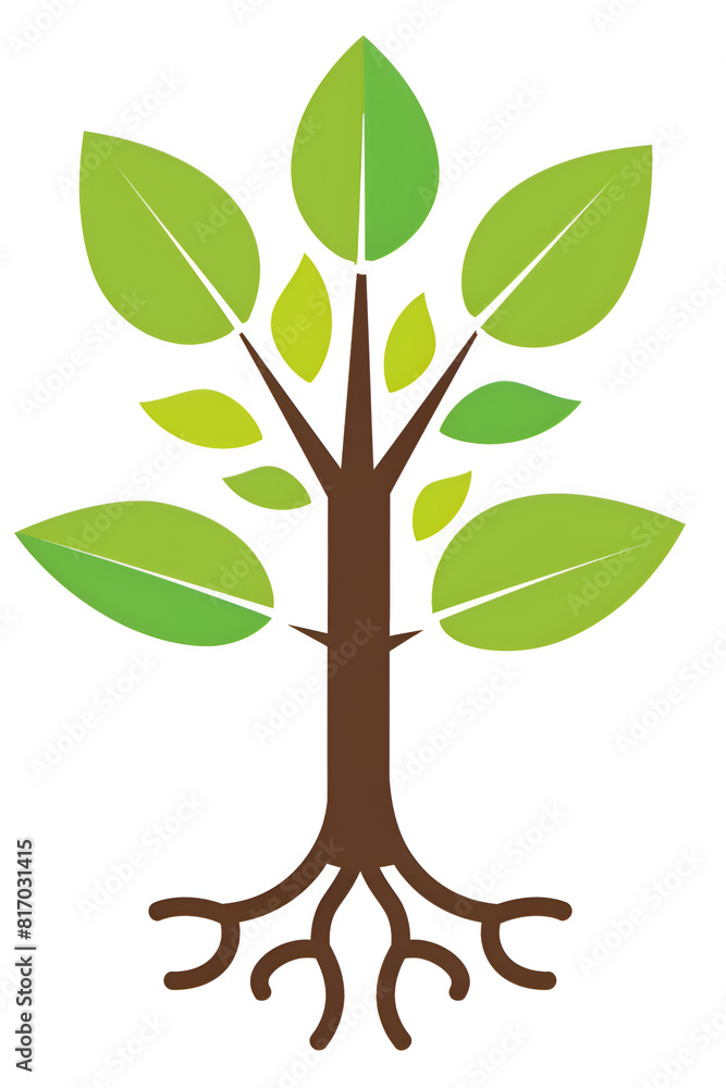Poster a tree with green leaves and brown trunk. the tree has a large root system. generative ai