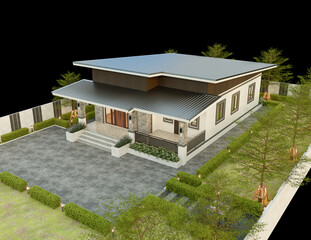 Modern house exterior day light with lawn grass.3d rendering.
