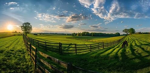 Peaceful Pastures of a Kentucky Horse Farm at Sunset
