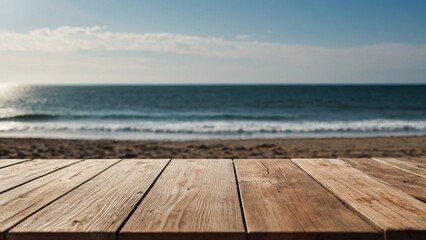 Empty wooden table for mockups. Outdoor exposition exhibit platform. Unoccupied wooden table on the sea ocean beach shoreline, perfect for travel vacation presentations.	