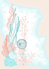 A universally applicable abstract composition (poster) of flat bionic elements (representatives of the underwater world) on a marine theme on a colored background.