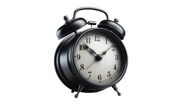black old-style alarm clock isolated on white background.