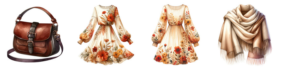 Fall Fashion watercolor on white background