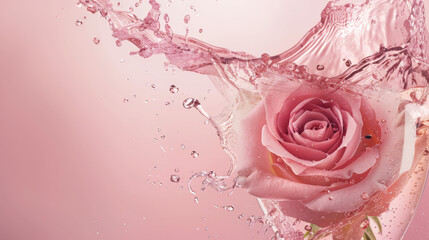 pink rose with droplets, champagne motion splash