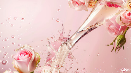 pink rose with droplets, champagne motion splash