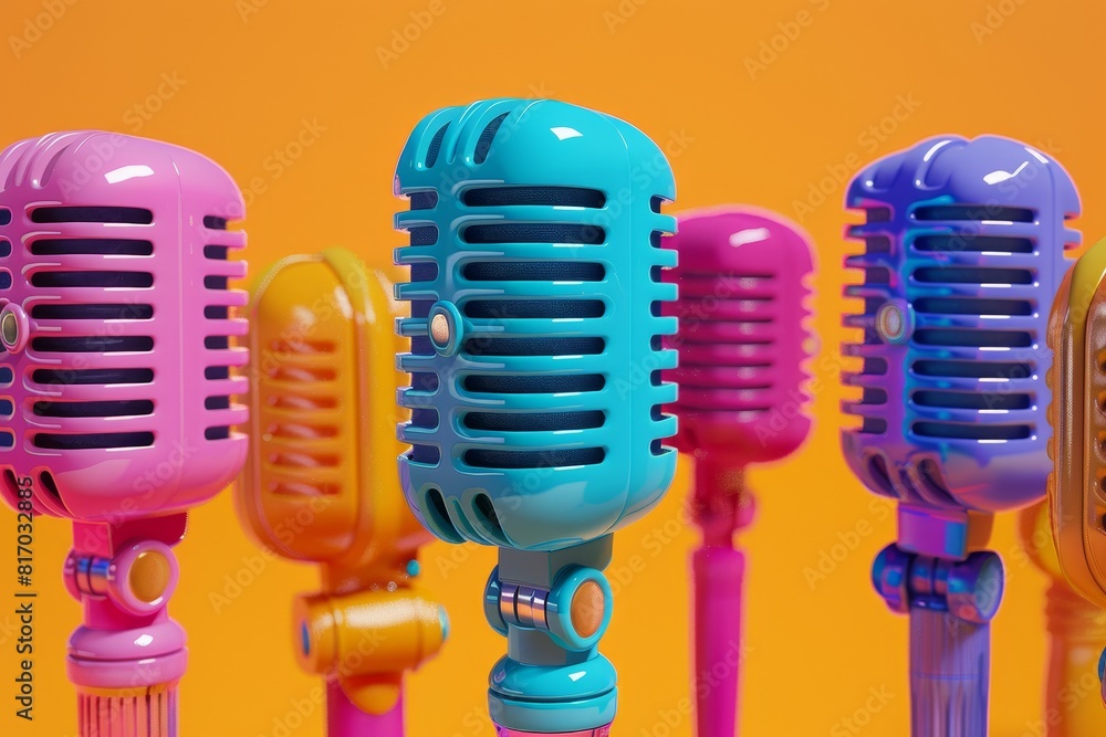 Poster a microphone with a colorful cord is sitting on a bright colorful background
