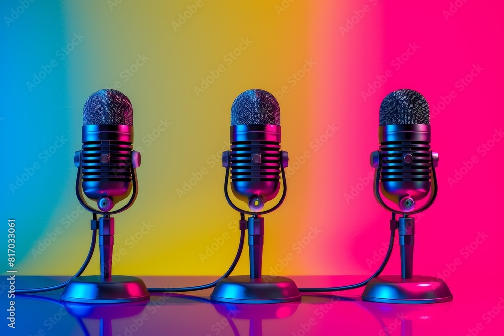 Poster a microphone with a colorful cord is sitting on a bright colorful background