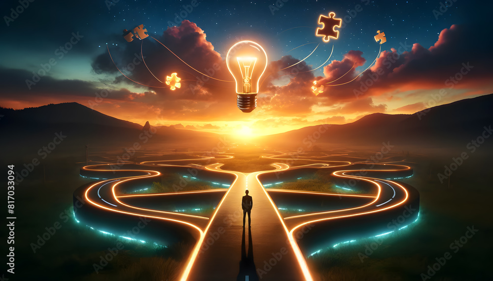Poster a surreal landscape with multiple winding paths under a dramatic sunrise, complete with a floating l