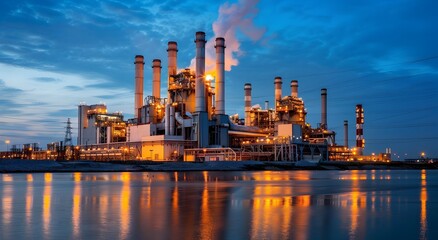 Fototapeta premium Illuminated Industrial Power Plant Landscape at Dusk with Smokestacks and Modern Machinery