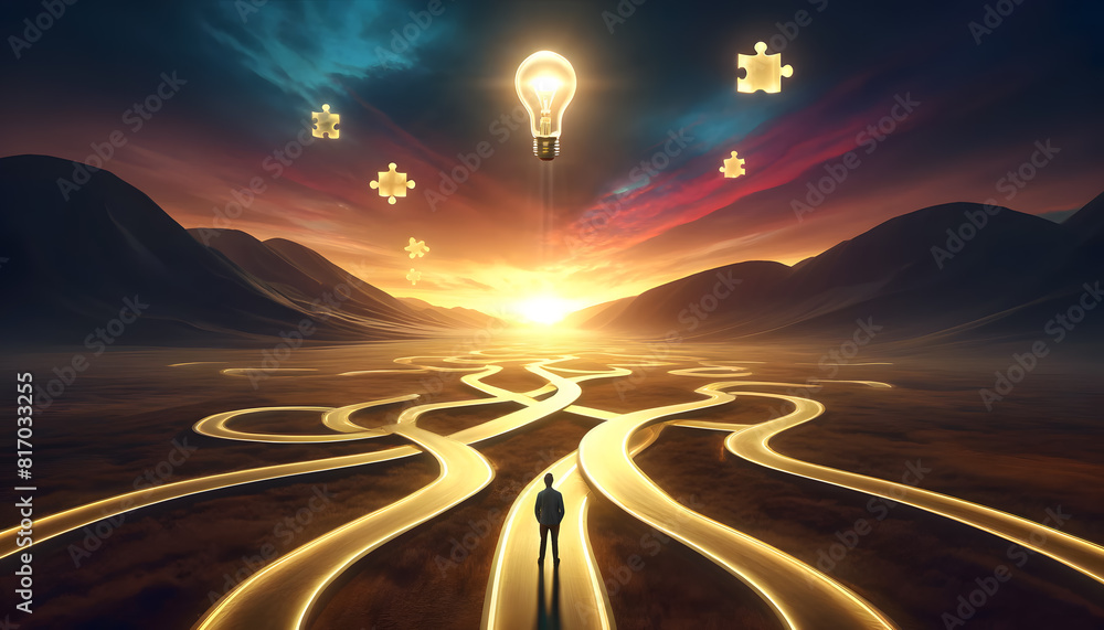 Poster a surreal landscape with multiple winding paths under a dramatic sunrise, complete with a floating l
