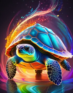 Turtle,  glowing neon light effect, paint swirl , bright advertising design element, 