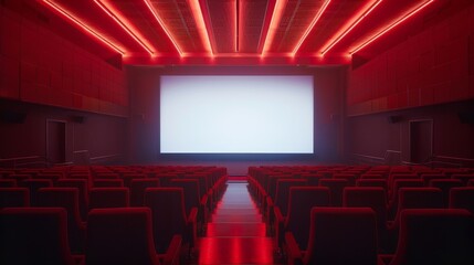 Empty movie theater with red seats and a large blank screen, illuminated by red ambient lighting.