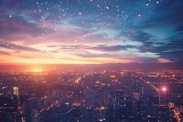 Fototapeta premium A city skyline at sunset with a bright orange sun in the sky