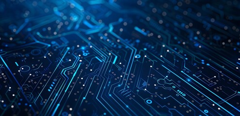 Blue Digital Technology Background with Circuit Board Lines and Glowing Light Effects for Web Design and IT Network Applications