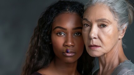 Obraz premium Portrait of young and mature multiracial women, focus on generational diversity, theme of womanhood, hyper-realistic, Composite, textured grey backdrop