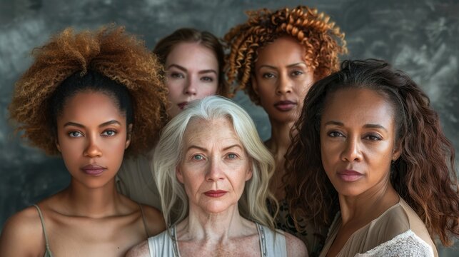 Portrait of young and mature multiracial women, focus on generational diversity, theme of womanhood, hyper-realistic, Composite, textured grey backdrop
