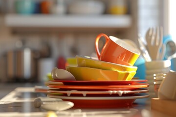 A kitchen counter with a pile of dirty dishes including cups, bowls, and spoons