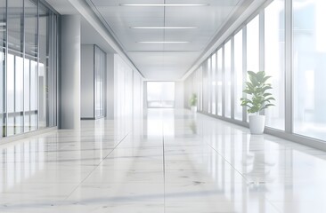 Obraz premium Blurred Sleek Modern Office Corridor with Glass Windows and White Walls for Business Concept