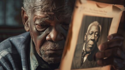 Senior black man viewing a cherished old photo of himself, close up on contemplative expression, concept of memory, hyper-realistic, Manipulation, vintage setting backdrop