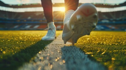 A athlete's feet in soccer shoes in the stadium, Soccer player feet standing on the green grass at stadium