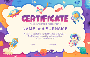 School diploma, certificate template with cute animals astronaut in spacesuit for kids in kindergarten or primary grades. Cartoon vector illustration with galaxy animals