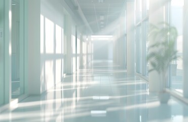 Blurred Hallway of a Bright and Airy Hospital Interior with Panoramic Windows