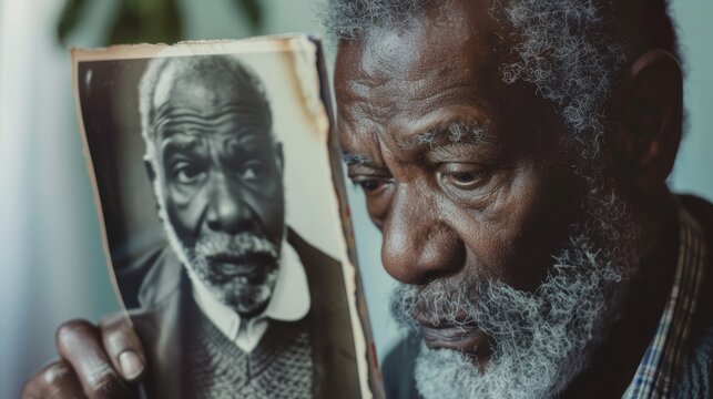 Senior black man viewing a cherished old photo of himself, close up on contemplative expression, concept of memory, hyper-realistic, Manipulation, vintage setting backdrop