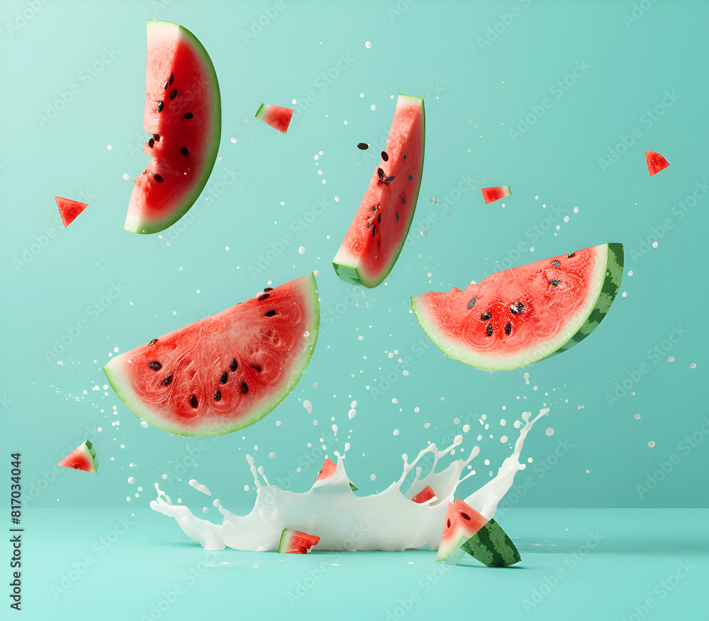 Aufkleber a watermelon is sliced into pieces and is floating in the air. the watermelon is surrounded by water