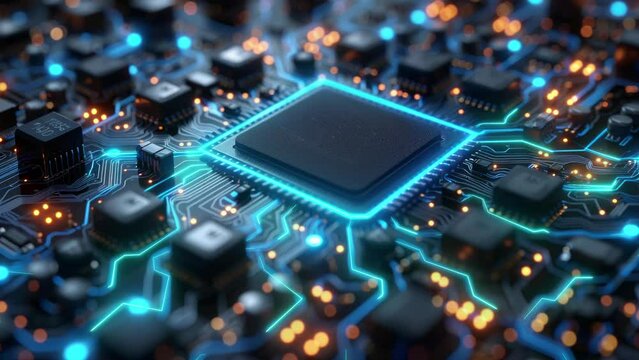 Close-up of a futuristic microchip with glowing blue circuits, high-resolution and detailed.