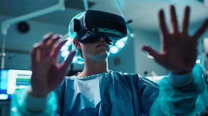 Surgeon operating with virtual reality controls, close up on hand gestures, theme of medical innovation, ethereal, Overlay, operating room backdrop