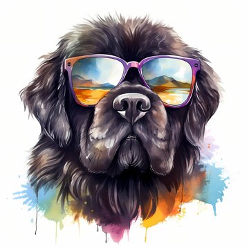 recommend clip art: Newfoundland. Cool Dog. Newfoundland clipart. Watercolor illustration. Generative AI. Detailed illustration.