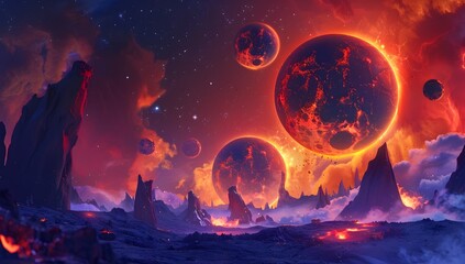 Obraz premium Cataclysmic Collision of Fantastical Planets Amidst a Cosmic Backdrop of Stars and Nebulae