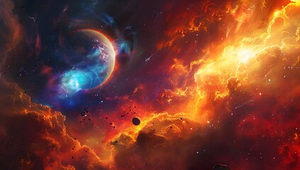 Fototapeta premium Cataclysmic Cosmic Collision A Spectacular Space Battle Amidst Swirling Nebulae and Exploding Planets