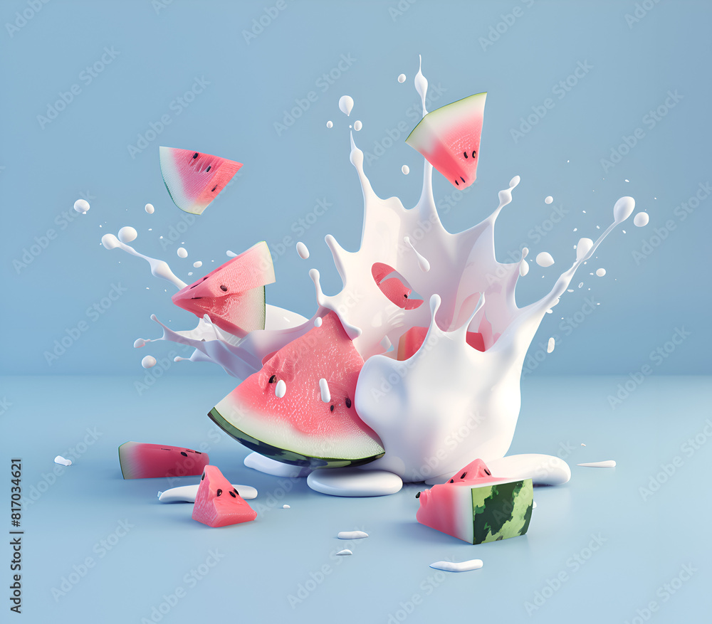 Aufkleber a watermelon is sliced and splattered with milk, creating a messy and playful scene. concept of fun 