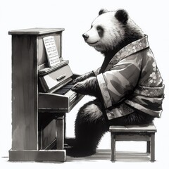 black bear sitting in a chair and playing piano