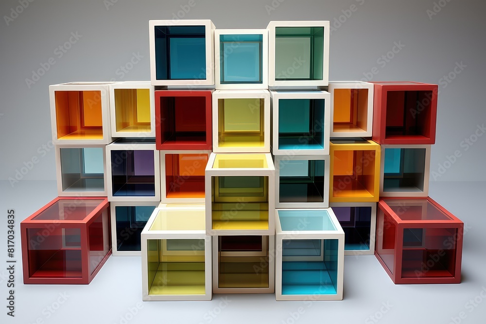 Aufkleber a group of multicolored cubes of various sizes are stacked on top of each other. generative ai