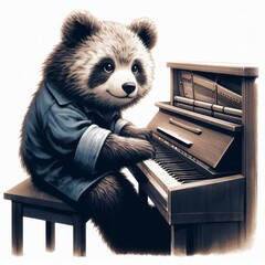 black bear sitting in a chair and playing piano