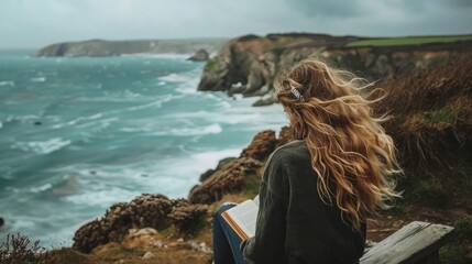 A woman with long hair is sitting on a bench overlooking the ocean. She is reading a book