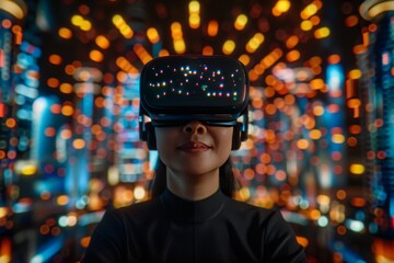 An imaginative double exposure of a person wearing a VR headset, immersed in the metaverse&#039;s futuristic virtual world. AI-generated.