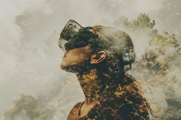 An imaginative double exposure of a person wearing a VR headset, immersed in the metaverse&#039;s futuristic virtual world. AI-generated.