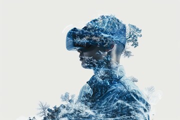 An imaginative double exposure of a person wearing a VR headset, immersed in the metaverse&#039;s futuristic virtual world. AI-generated.