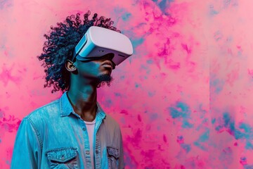 An imaginative double exposure of a person wearing a VR headset, immersed in the metaverse&#039;s futuristic virtual world. AI-generated.