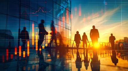 Fototapeta premium Blurred figures of business professionals with a backdrop of a rising financial chart and sunset, symbolizing hope and growth