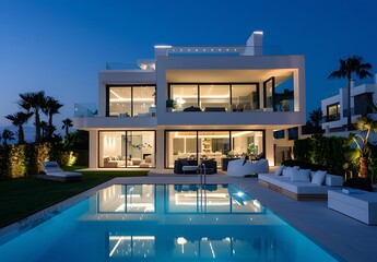 Beautiful modern house, night view from the garden with swimming pool and terrace on the first floor
