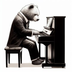 black bear sitting in a chair and playing piano